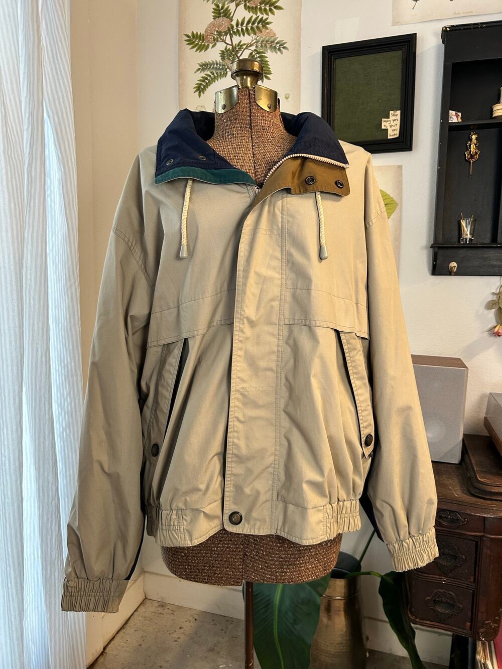 Vintage London Fog FOG Colorblock Sailing Jacket Tan Navy Green Mens Large Reg